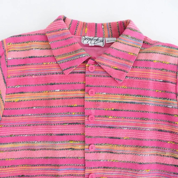 Vintage 90's Silver Stream 100% Cotton Pink Striped Button Up Textured Jacket S - Picture 10 of 12